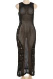 Black Sexy Solid Hollowed Out See-through O Neck Sleeveless Dress Dresses