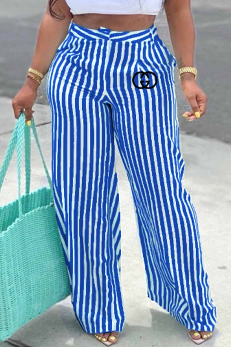 

Blue Casual Striped Print Letter Straight High Waist Wide Leg Bottoms