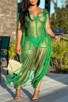 Зеленое сексуальное однотонное платье с кисточками, прозрачное платье без рукавов с V-образным вырезом