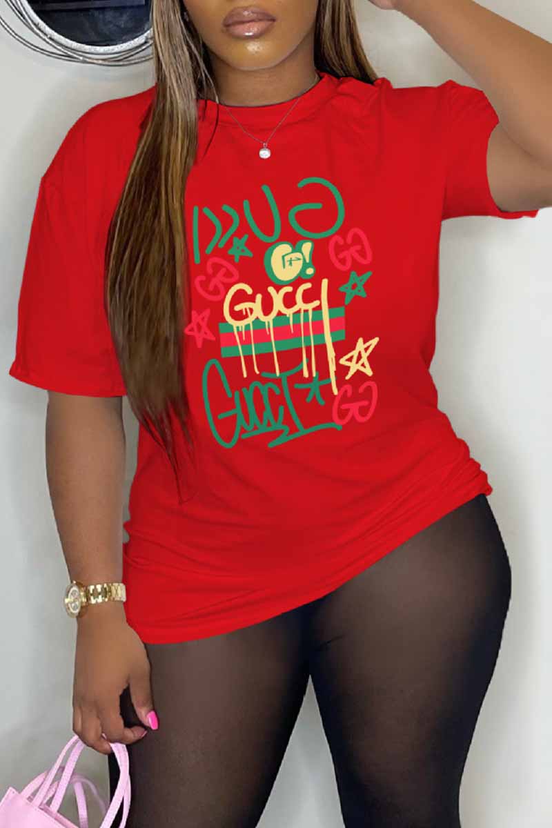 

Red Casual Print Letter O Neck T-Shirts