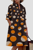 オレンジ ブラック カジュアル プリント パッチワーク バックル ターンダウン カラー ドレス