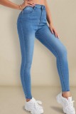 Mellanblå Casual Solid Patchwork Skinny Jeans med hög midja