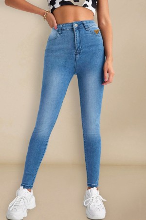 Medium Blue Casual Solid Patchwork High Waist Skinny Denim Jeans