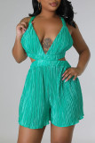 Green Sexy Solid Hollowed Out Patchwork V Neck Straight Rompers