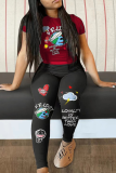 Black Red Casual Print Patchwork O Neck Plus Size Two Pieces
