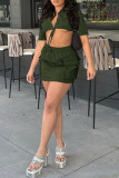 Army Green Casual Solid Bandage Patchwork Turndown Collar Short Sleeve Two Pieces