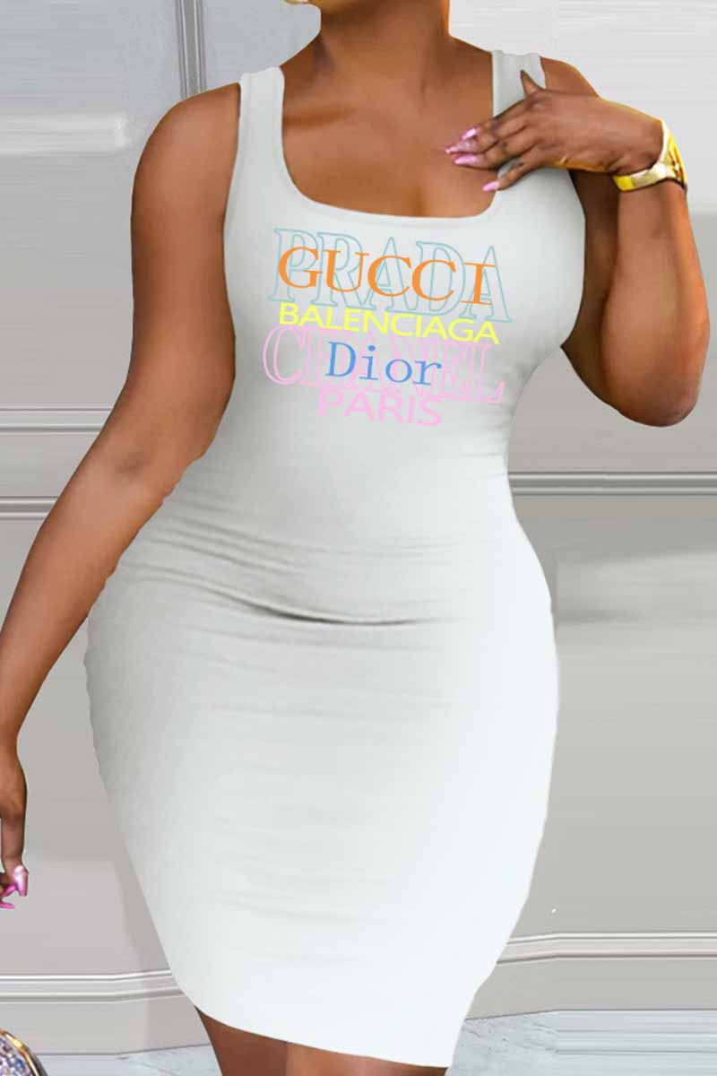 

White Street Print Letter U Neck One Step Skirt Dresses