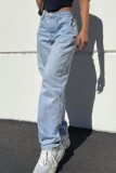 Hellblaue, lässige Patchwork-Jeans mit hoher Taille und normalem Schmetterlingsdruck