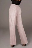 Pantaloni tinta unita convenzionali rosa casual patchwork a vita alta regolari