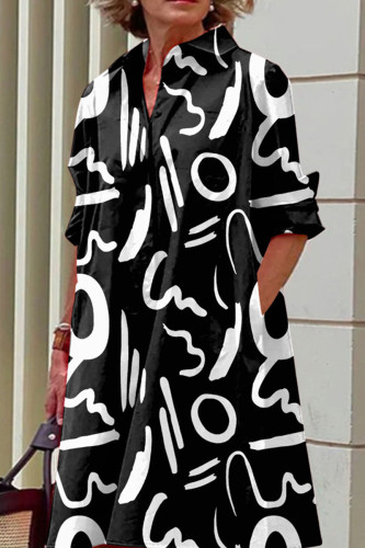 Robes à col rabattu à boucle patchwork imprimé décontracté noir blanc