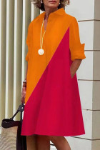 Vestido camisero con cuello vuelto y hebilla de retazos con estampado casual rojo amarillo Vestidos