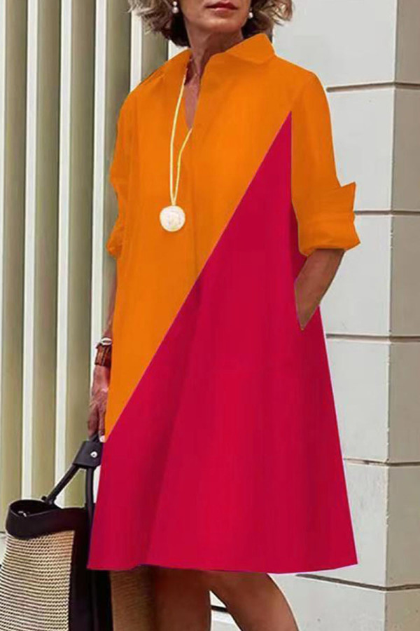 Robes de robe chemise col rabattu jaune rouge imprimé patchwork décontracté