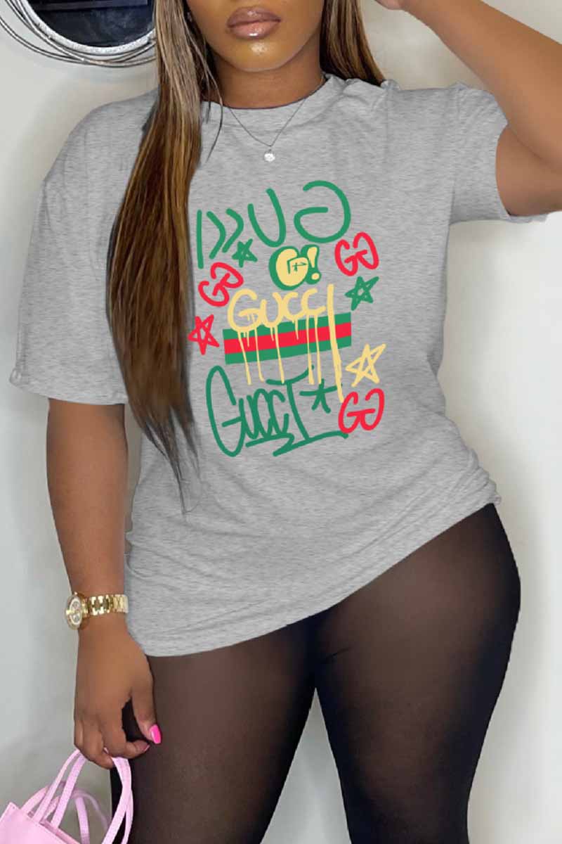 

Grey Casual Print Letter O Neck T-Shirts