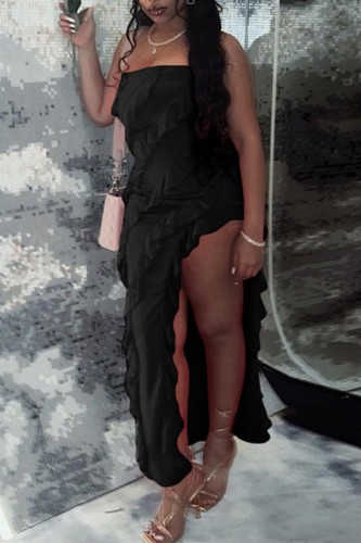 Black Sexy Solid Patchwork Backless Slit Strapless Long Dress Dresses