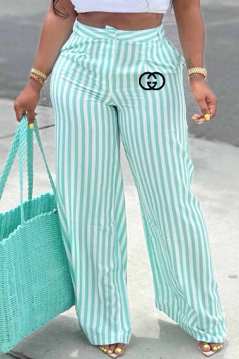 

Cyan Casual Striped Print Letter Straight High Waist Wide Leg Bottoms