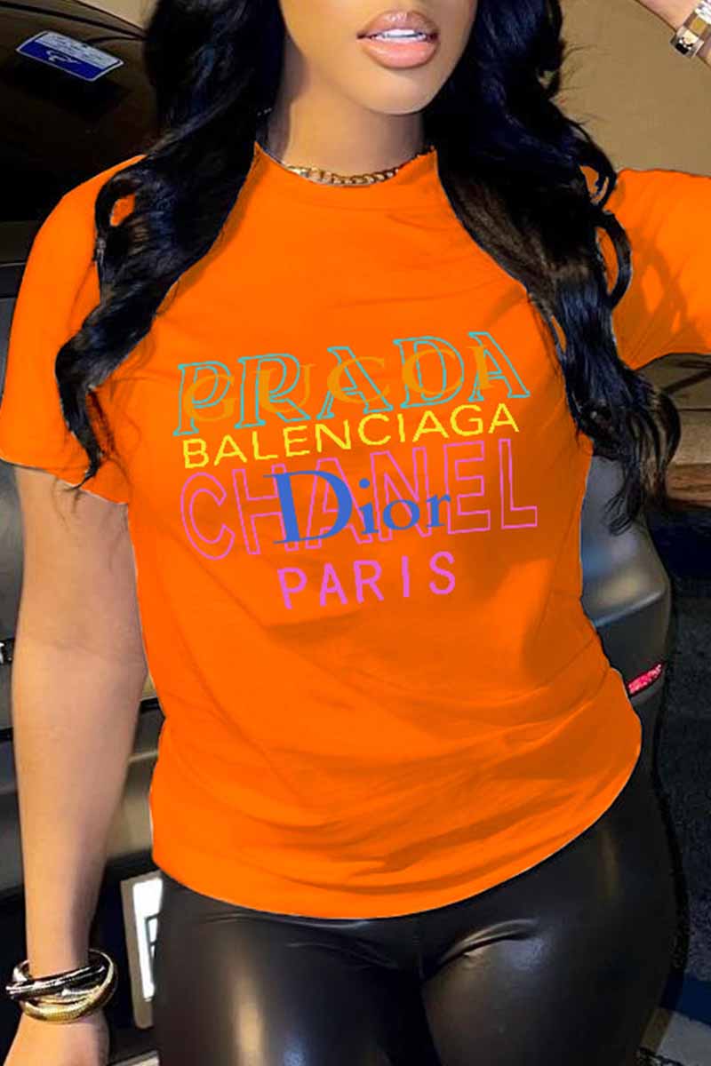 

Orange Casual Print Letter O Neck T-Shirts