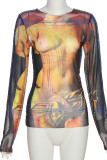 Yellow Sexy Print Patchwork See-through O Neck Tops