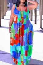 Vestidos casuais coloridos estampa patchwork com alça de espaguete