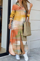 Oranjegele casual streetprint patchwork gesp turndown kraag overhemdjurk jurken
