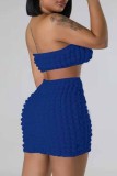 Blue Sexy Solid Backless Strapless Sleeveless Two Pieces Tube Crop Tops And Skirt Sets