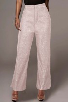 Pantaloni tinta unita convenzionali rosa casual patchwork a vita alta regolari