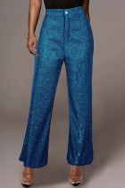 Calça azul casual patchwork regular cintura alta convencional de cor sólida