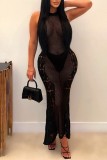 Черное сексуальное сплошное открытое прозрачное платье без рукавов с круглым вырезом Платья