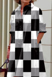 Vestidos casuais com estampa patchwork preto cinza e fivela gola redonda