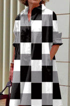 Zwart grijs casual print patchwork gesp turndown kraag jurken