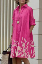 Розово-красное повседневное платье-рубашка с принтом в стиле пэчворк и пряжкой с отложным воротником Платья Платья