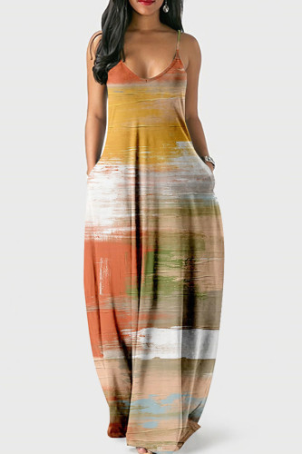 Orange Yellow Casual Print Patchwork Spaghetti Strap Sling Dress Dresses