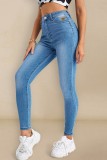 Jean skinny en denim bleu moyen à taille haute et patchwork uni