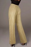 Pantalon de couleur unie conventionnel à taille haute et patchwork décontracté doré