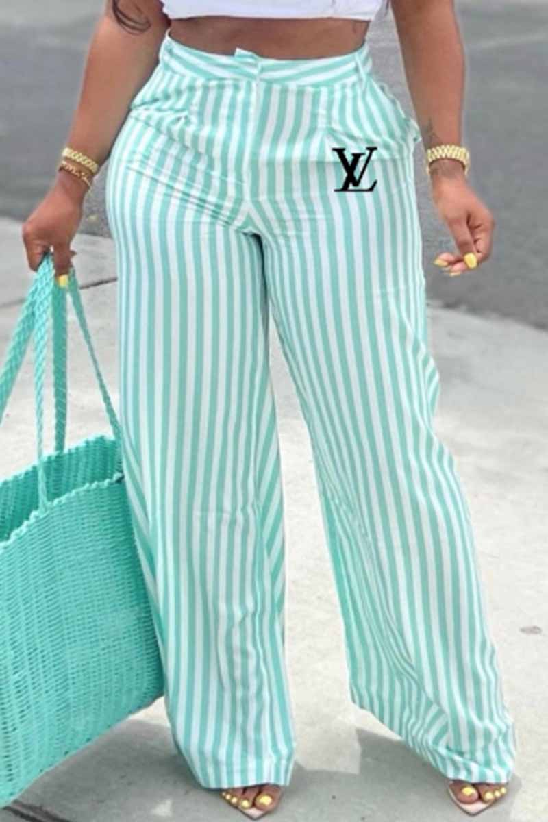 

Cyan Casual Striped Print Letter High Waist Wide Leg Bottoms