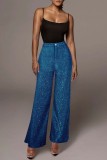 Pantalon de couleur unie conventionnel taille haute classique patchwork décontracté bleu