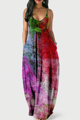 Fuchsia Casual Print Patchwork Spaghetti Strap Sling Dress Dresses