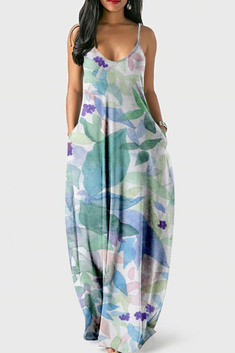 Lake Green Casual Print Patchwork Spaghetti Strap Sling Dress Dresses