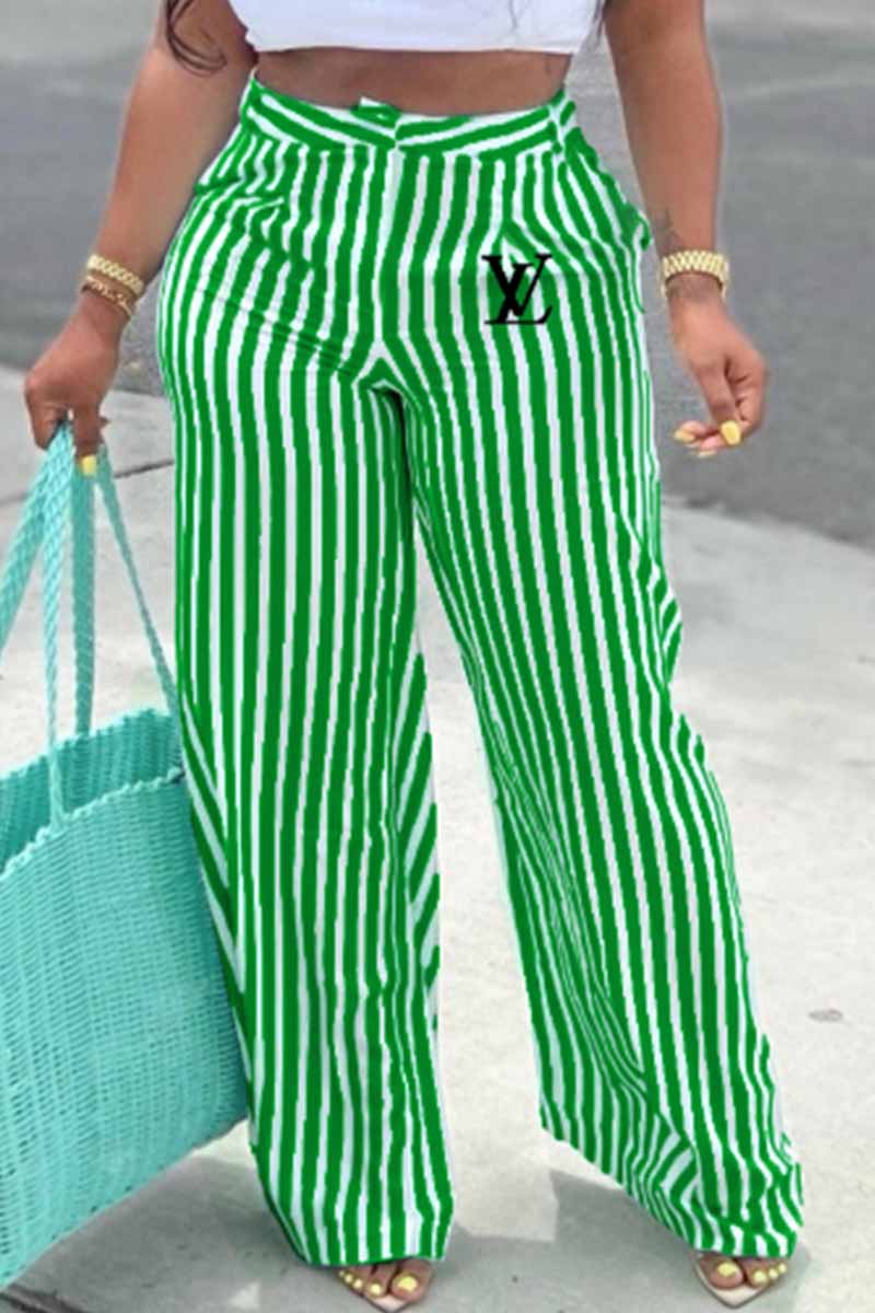 

Green Casual Striped Print Letter High Waist Wide Leg Bottoms