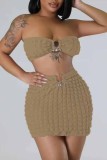 Khaki Sexy Solid Backless Strapless Sleeveless Two Pieces