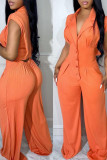 Tangerine Casual Solid Patchwork Buckle Turn-back Collar Straight Jumpsuits