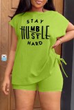 Green White Casual Print Basic O Neck Short Sleeve Two Pieces