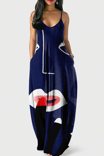 Dark Blue Casual Print Patchwork Spaghetti Strap Sling Dress Dresses