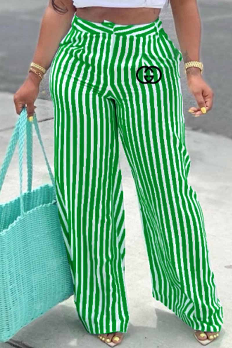 

Green Casual Striped Print Letter Straight High Waist Wide Leg Bottoms