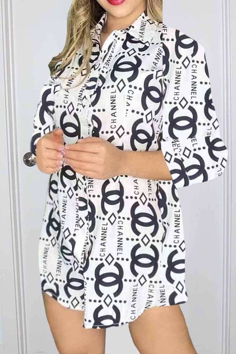 

White Casual Print Letter Shirt Collar Tops