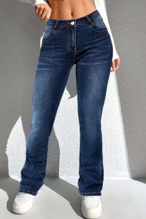Deep Blue Casual Solid Patchwork Mid Waist Regular Denim Jeans