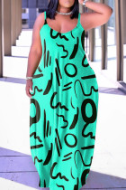 Cyaan groene casual print patchwork spaghetti bandjes sling jurk jurken