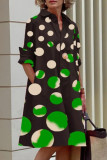 Black Green Casual Print Patchwork Buckle Turndown Collar Dresses