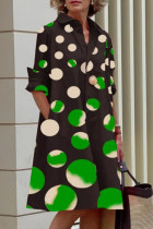 ブラック グリーン カジュアル プリント パッチワーク バックル ターンダウン カラー ドレス