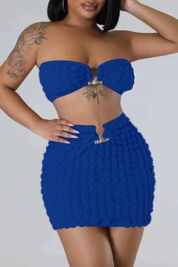 Blue Sexy Solid Backless Strapless Sleeveless Two Pieces Tube Crop Tops And Skirt Sets
