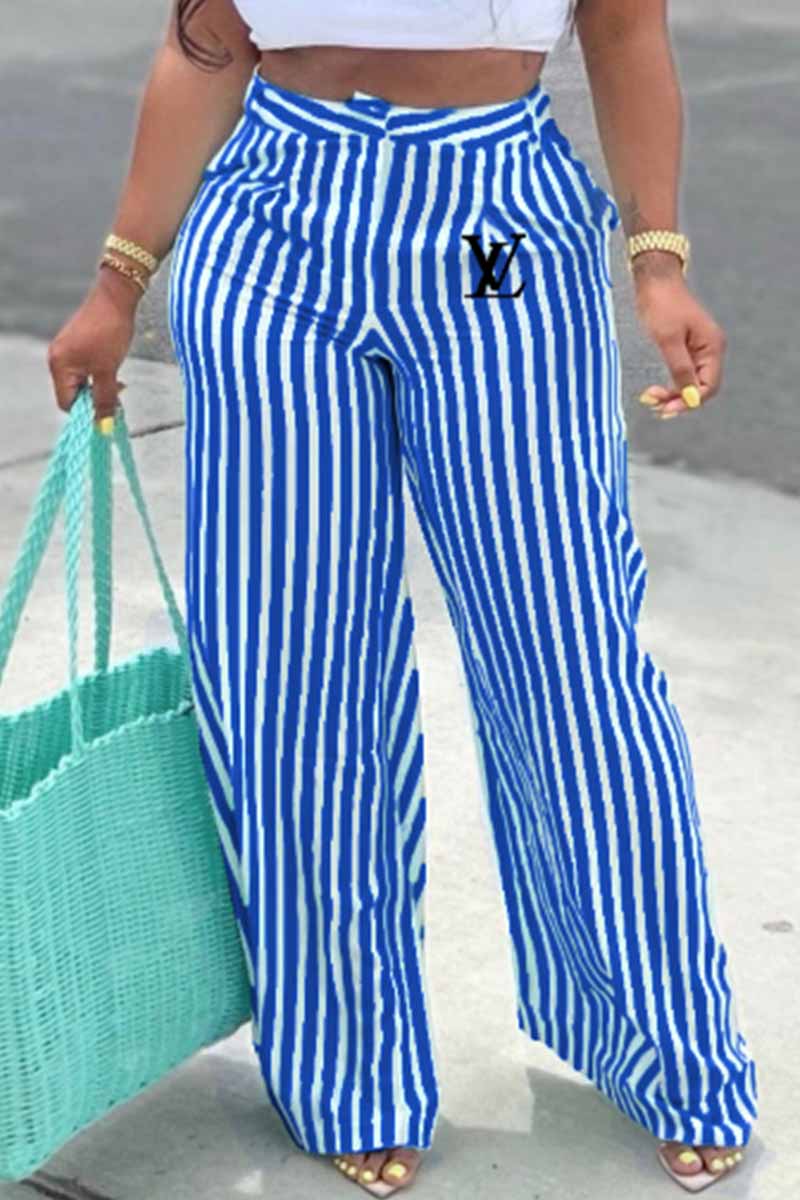 

Blue Casual Striped Print Letter High Waist Wide Leg Bottoms